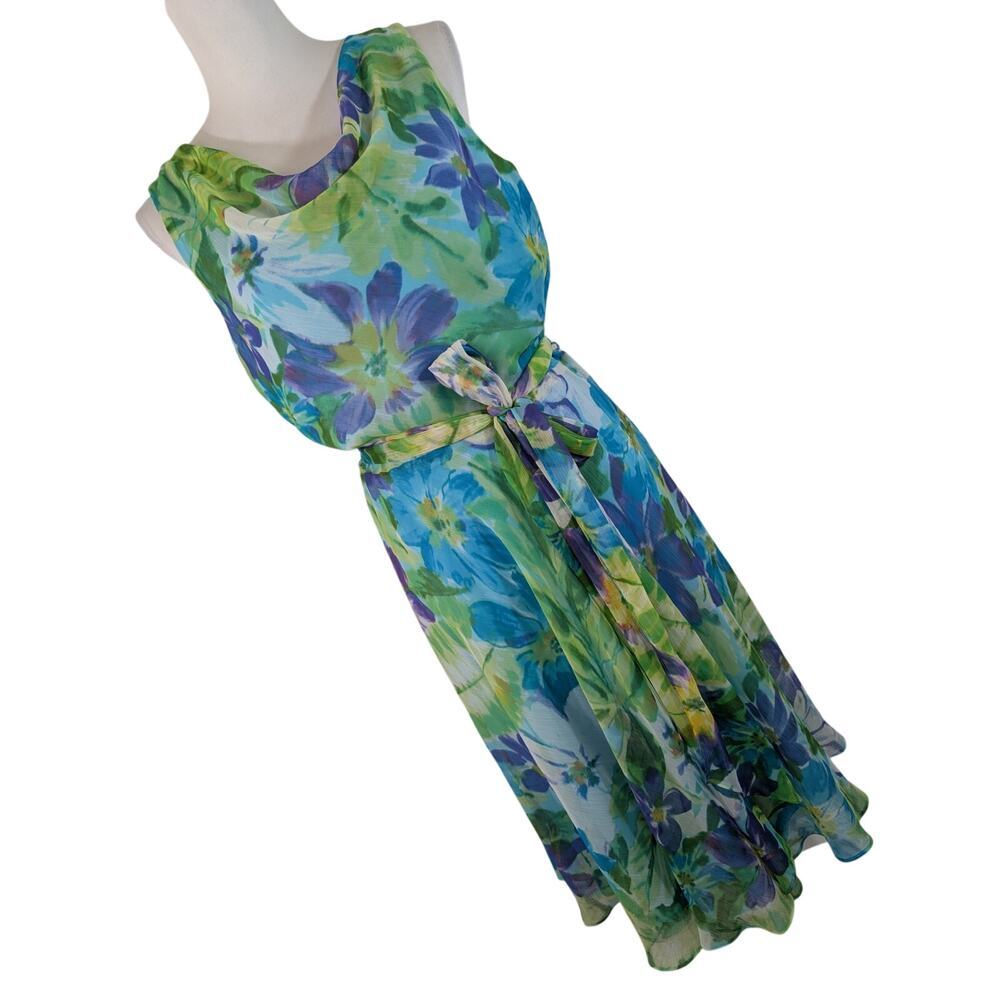 NWT@$154! LAUREN BY RALPH LAUREN! BLUES, GREEN, PURPLE & YELLOW CHIFFON DRESS! 8